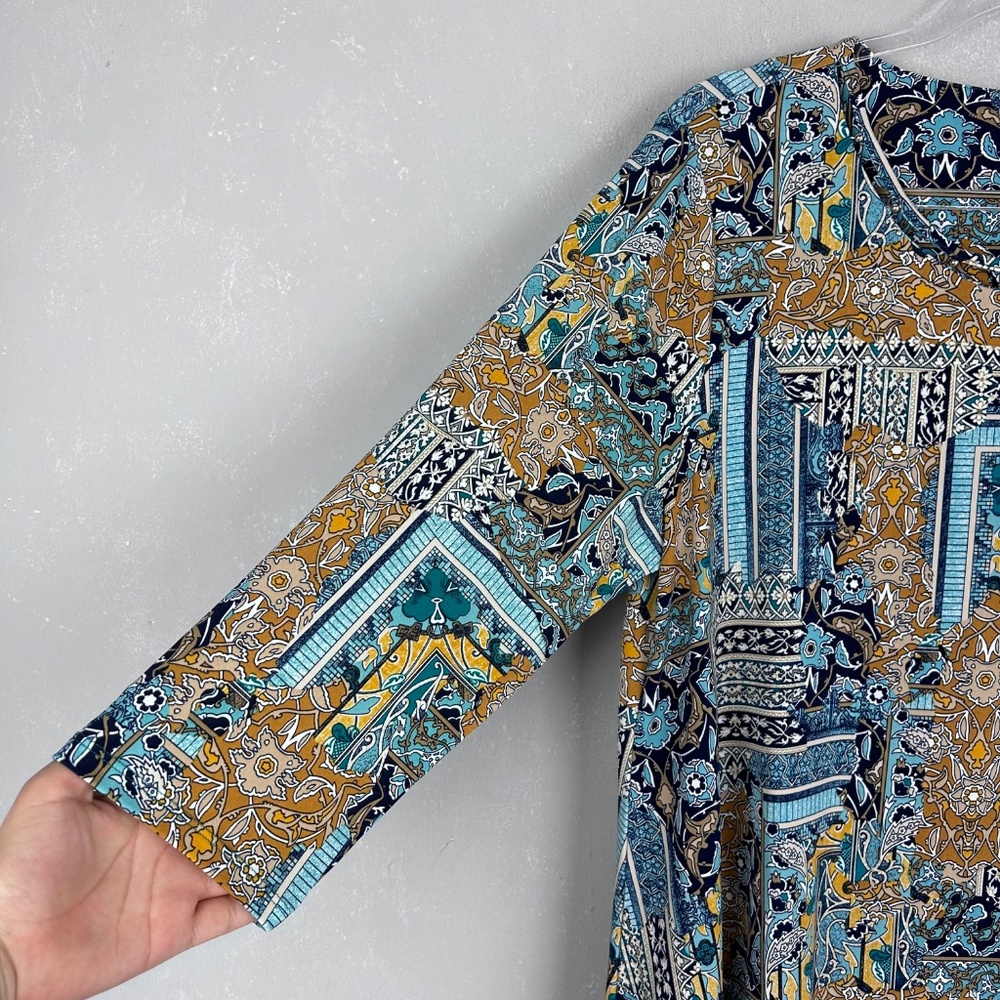 Chicos tunic top size 2 Large blue patchwork 3/4 sleeve stretch knit - Picture 3 of 12